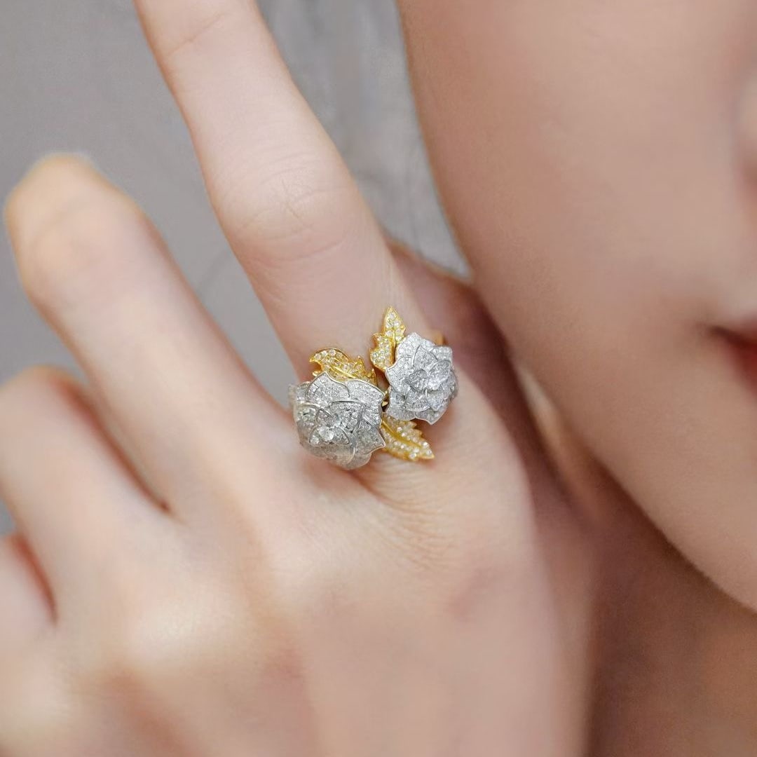 14k Gold 0.85 Ct Natural H Diamond & Flowers Ring - 4
