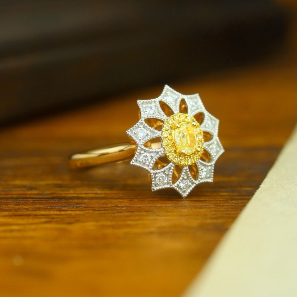 14k Gold 0.43 Ctw Natural Yellow Diamond & Diamond Ring - 3