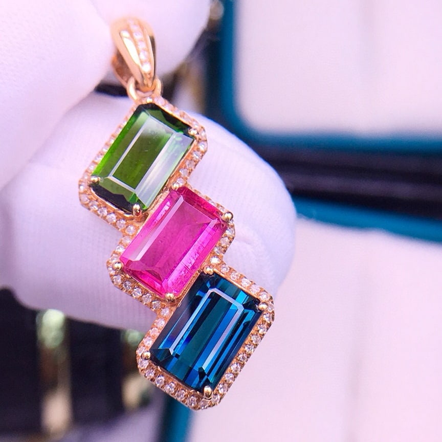 14k Gold 7.5 Ct Natural Tourmaline & Diamond Pendant( Without Chain ) - 3