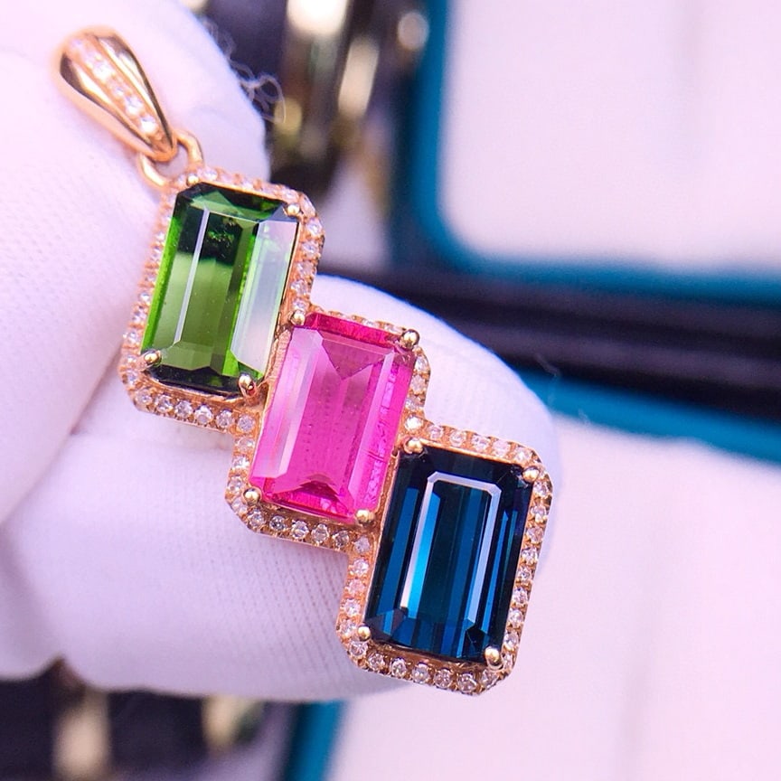 14k Gold 7.5 Ct Natural Tourmaline & Diamond Pendant( Without Chain ) - 6