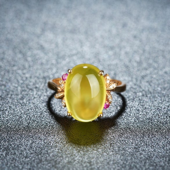 14k Gold 7.2 Ct Natural Prehnite & Diamond & Ruby Ring: Ref:231048360 // gold content:14k gold // ring size:7. 25us // // main gemstone:prehnite // shape:oval // carat weight:7. 2ct // color:yellow // treatment:natural // // adjacent gemstone 2 : diamond