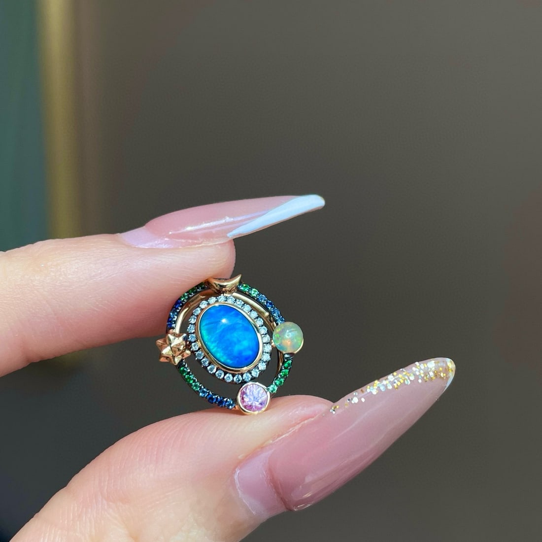 14k Gold 0.6 Ct Natural Opal & Diamond & Sapphire & Emerald Ring - 3