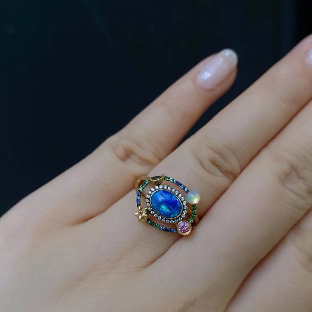 14k Gold 0.6 Ct Natural Opal & Diamond & Sapphire & Emerald Ring - 4