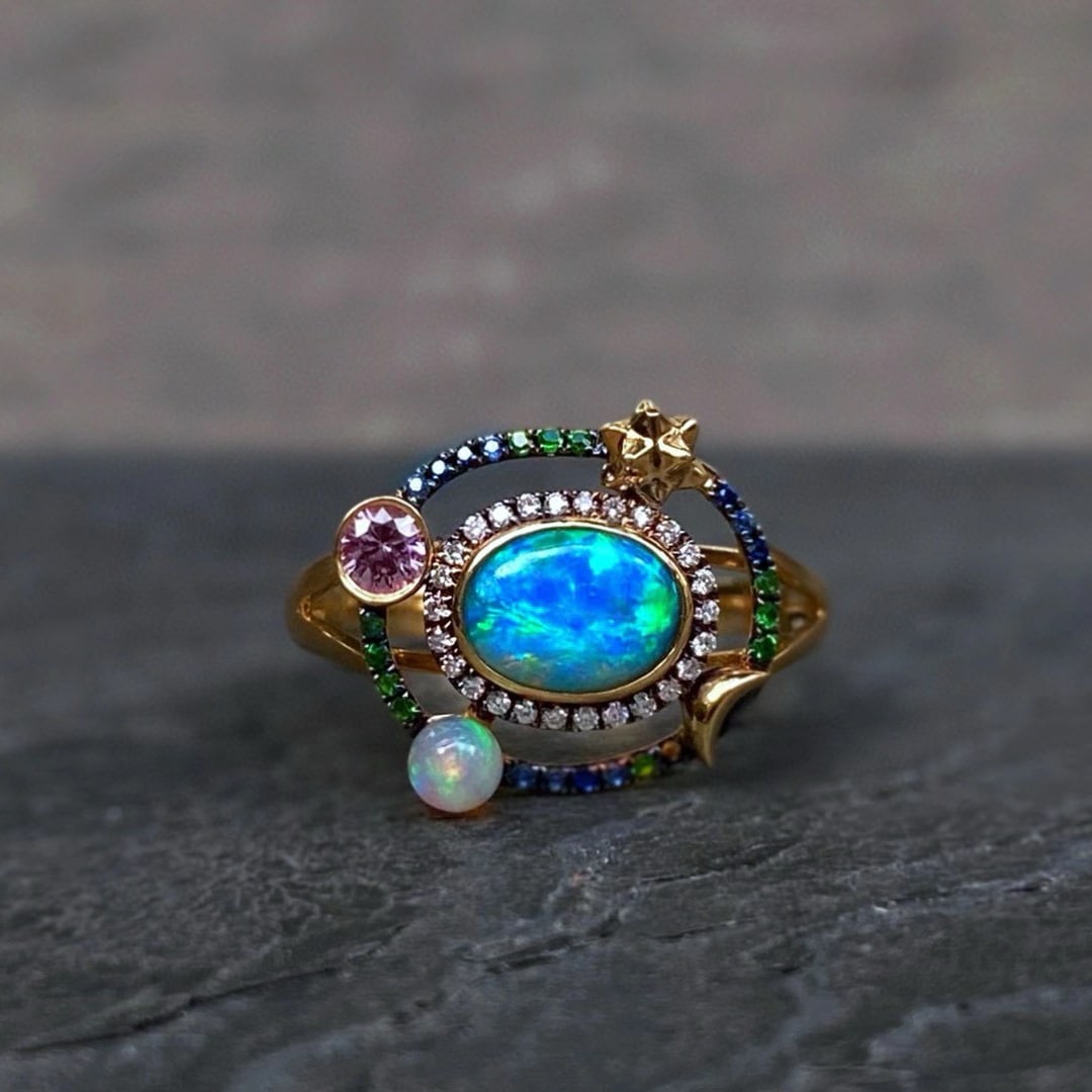 14k Gold 0.6 Ct Natural Opal & Diamond & Sapphire & Emerald Ring - 7