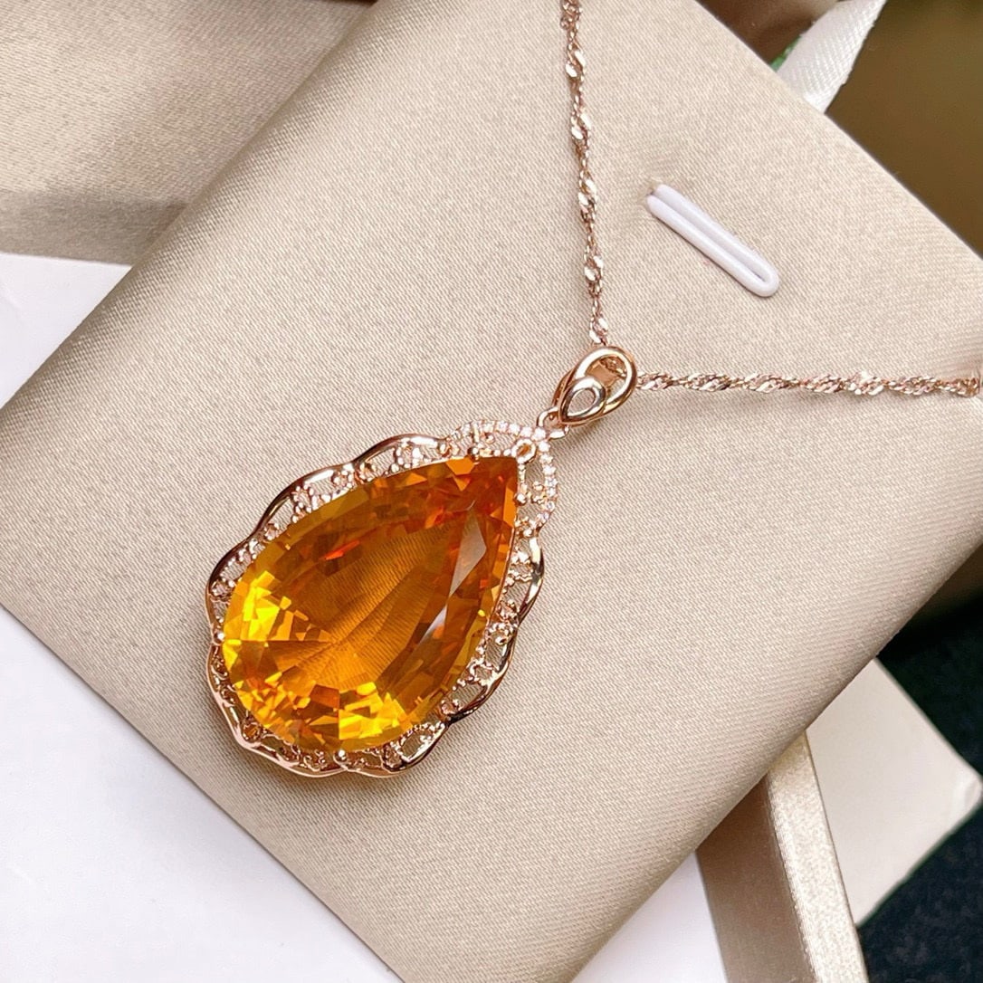 14k Gold 27.59 Ctw Natural Citrine & Diamond Pendant( Without Chain ) - 2