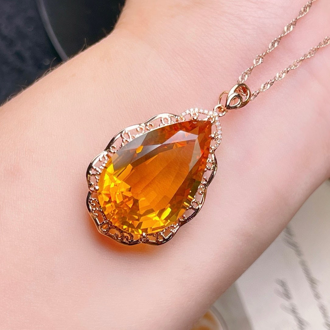 14k Gold 27.59 Ctw Natural Citrine & Diamond Pendant( Without Chain ) - 3