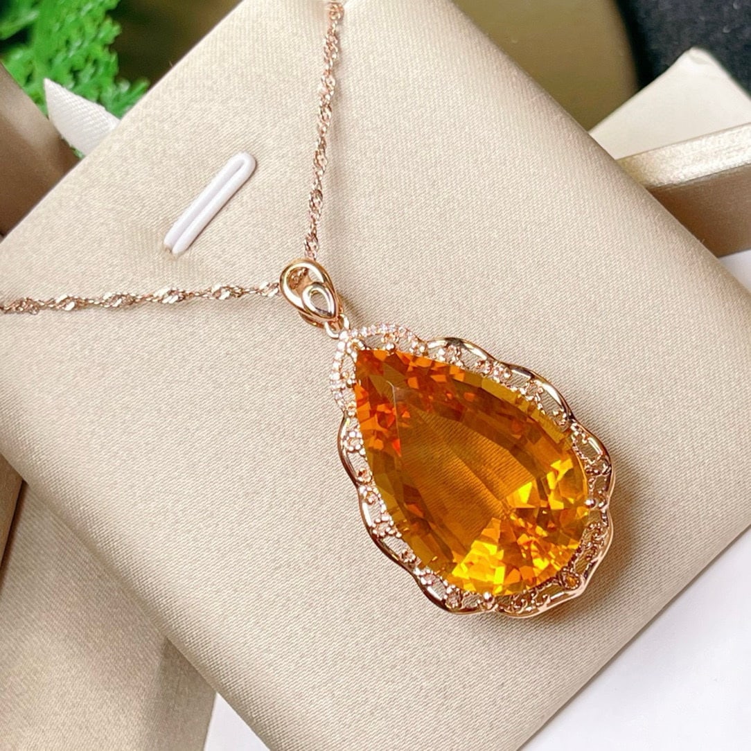 14k Gold 27.59 Ctw Natural Citrine & Diamond Pendant( Without Chain ) - 4