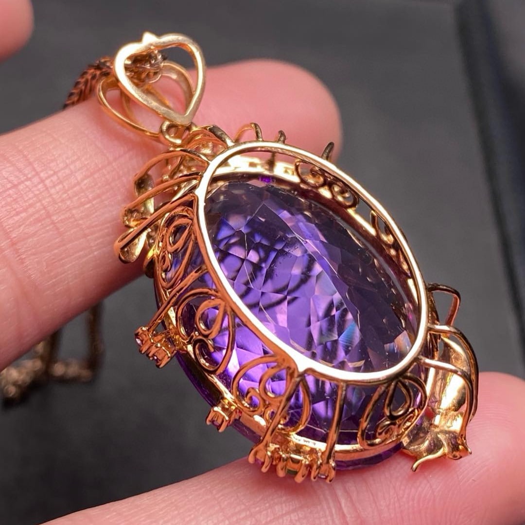 14k Gold 32.5 Ct Natural Amethyst & Diamond Pendant( Without Chain ) - 2