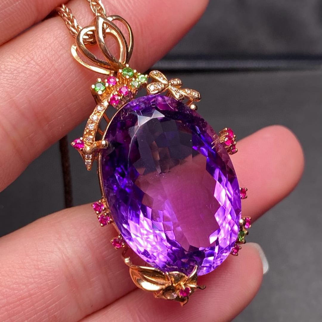14k Gold 32.5 Ct Natural Amethyst & Diamond Pendant( Without Chain ) - 4