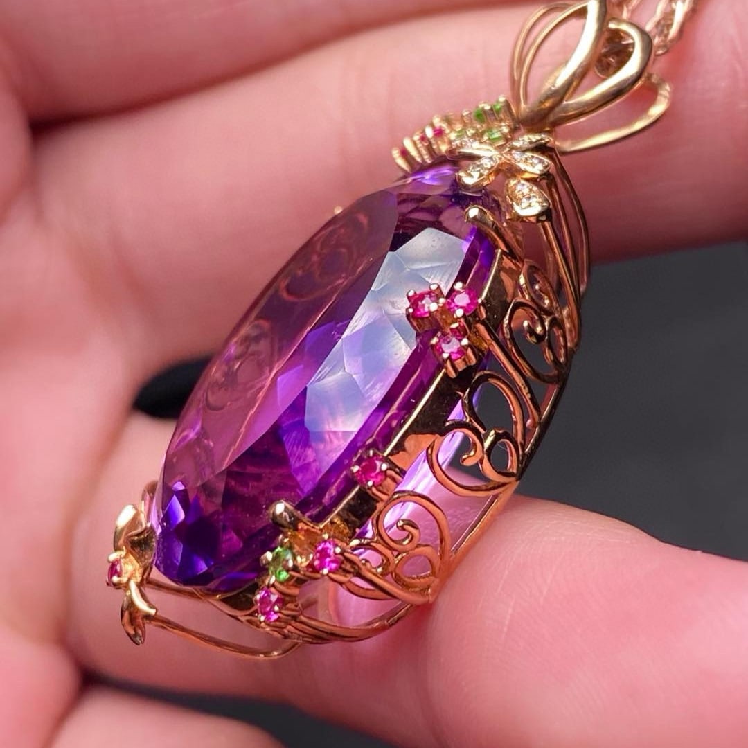 14k Gold 32.5 Ct Natural Amethyst & Diamond Pendant( Without Chain ) - 5