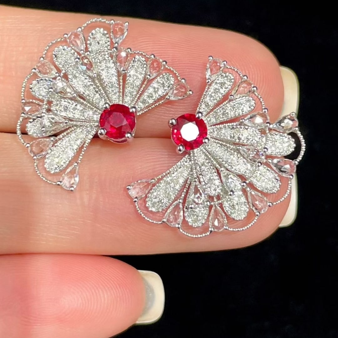 14k Gold 0.5 Ct Natural Ruby & Diamond & Sapphire Earrings - 2
