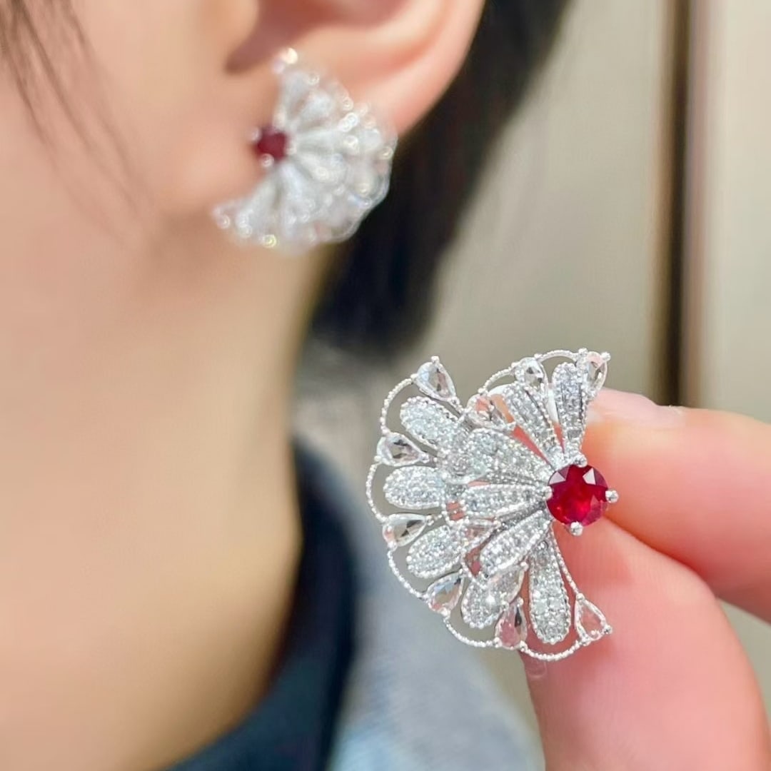 14k Gold 0.5 Ct Natural Ruby & Diamond & Sapphire Earrings - 3