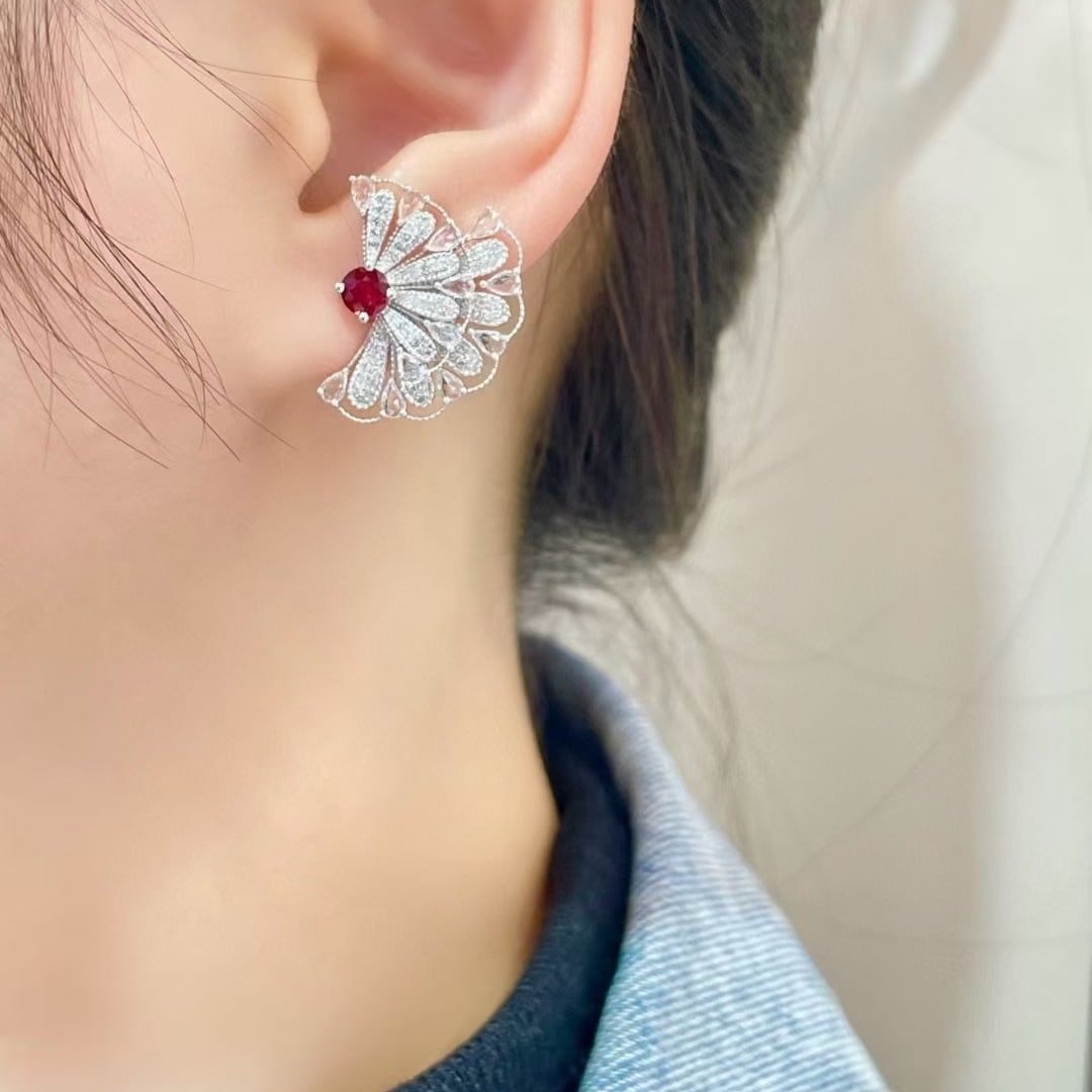 14k Gold 0.5 Ct Natural Ruby & Diamond & Sapphire Earrings - 4