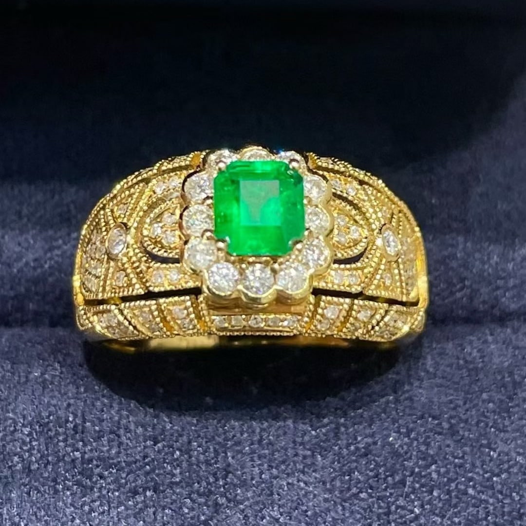 14k Gold 1.31 Ctw Vivid Green Natural Emerald & Diamond Ring - 5