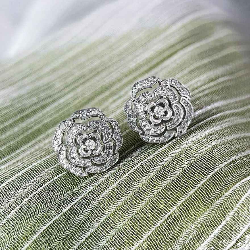 14k Gold 0.32 Ct Natural H Diamond & Flowers Earrings - 2