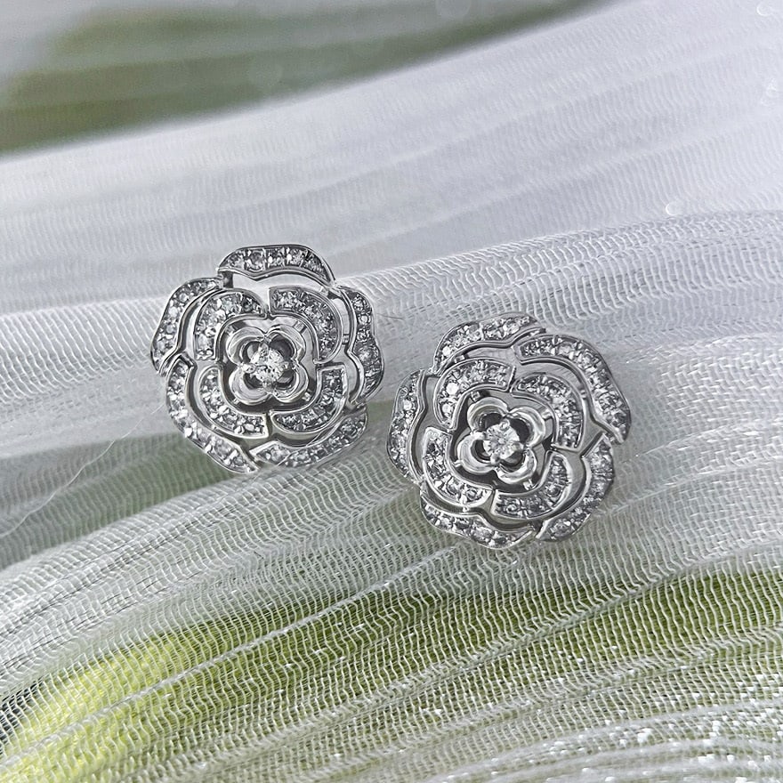 14k Gold 0.32 Ct Natural H Diamond & Flowers Earrings - 4