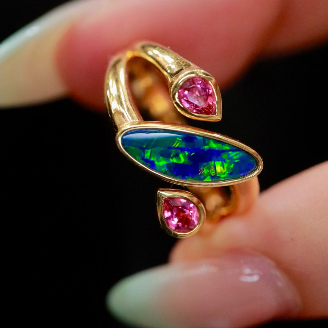 14k Gold 1.08 Ct Natural Opal & Tourmaline Ring - 2
