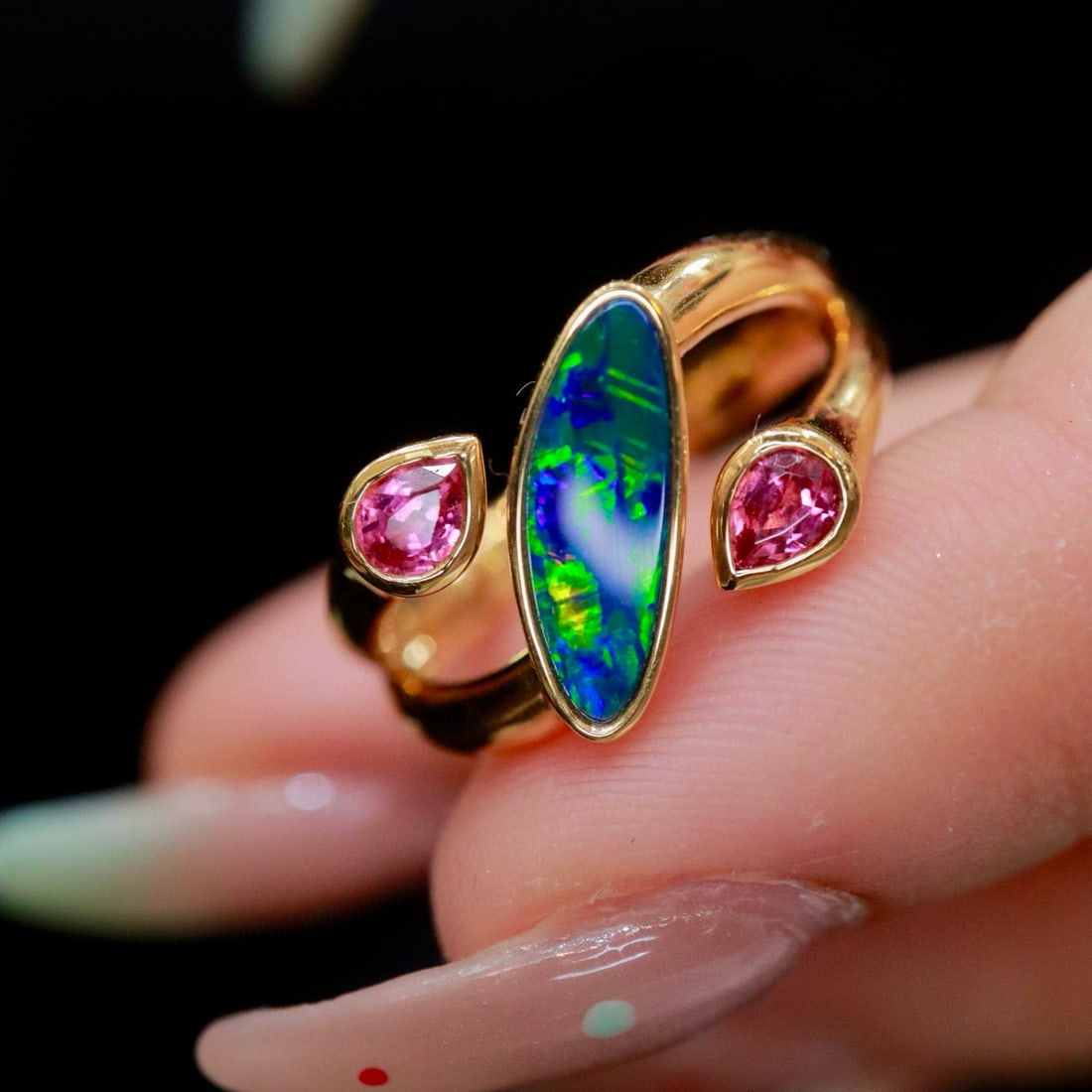 14k Gold 1.08 Ct Natural Opal & Tourmaline Ring - 3
