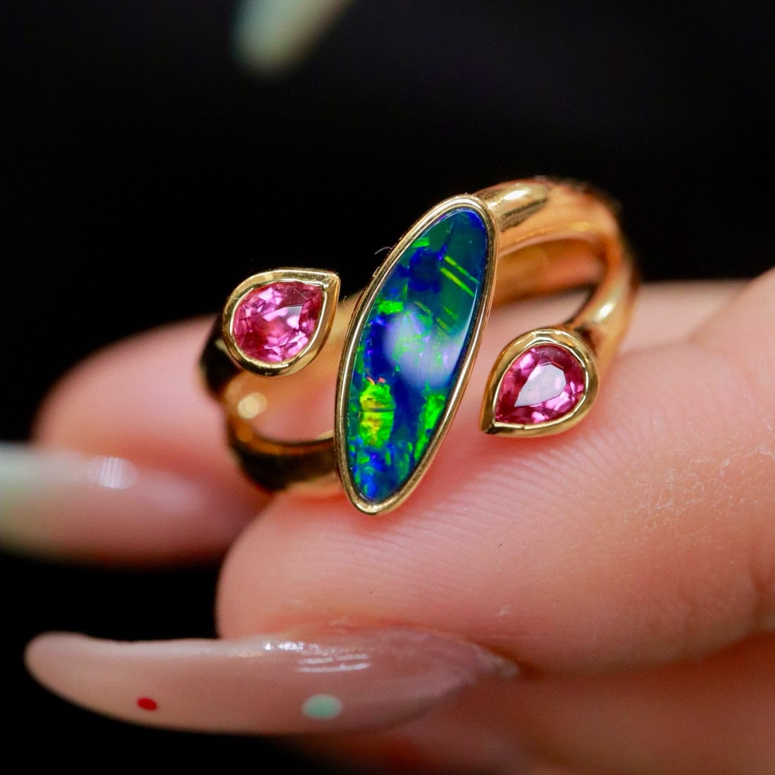 14k Gold 1.08 Ct Natural Opal & Tourmaline Ring - 4