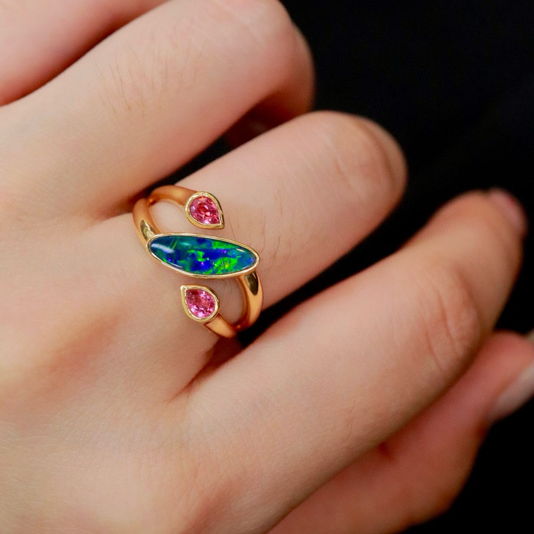 14k Gold 1.08 Ct Natural Opal & Tourmaline Ring - 5