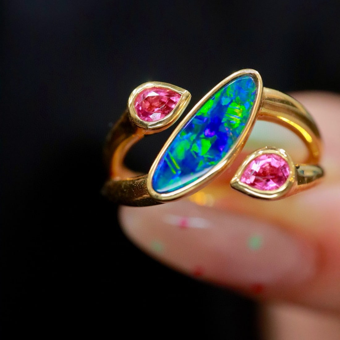 14k Gold 1.08 Ct Natural Opal & Tourmaline Ring - 7