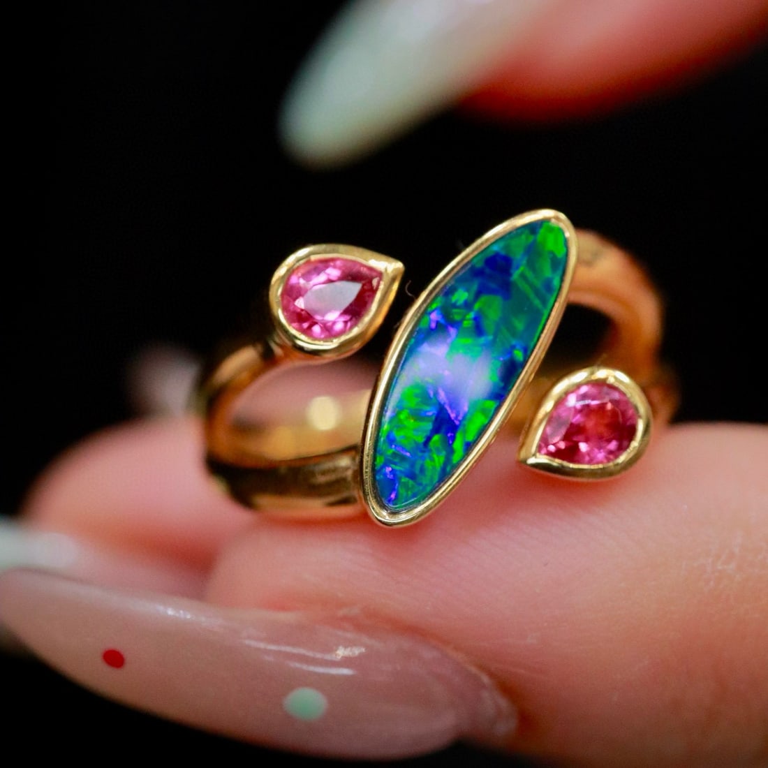 14k Gold 1.08 Ct Natural Opal & Tourmaline Ring - 8