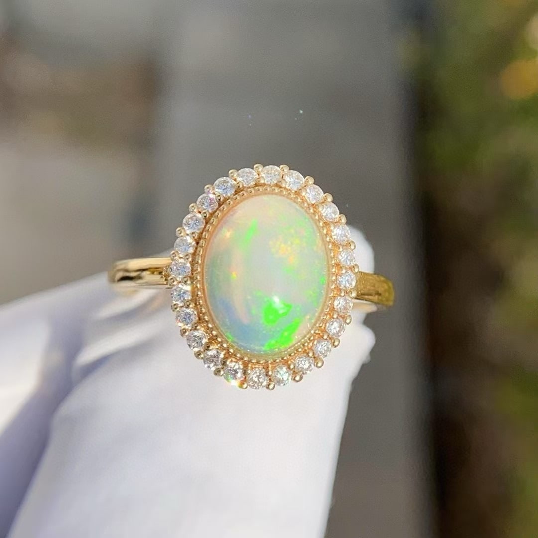 14k Gold 2 Ct Natural Opal & Diamond Ring - 6