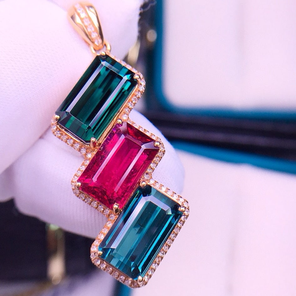 14k Gold 9.5 Ct Natural Tourmaline & Diamond Pendant( Without Chain ) - 2