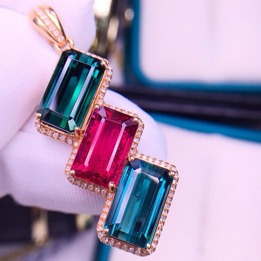 14k Gold 9.5 Ct Natural Tourmaline & Diamond Pendant( Without Chain ) - 3