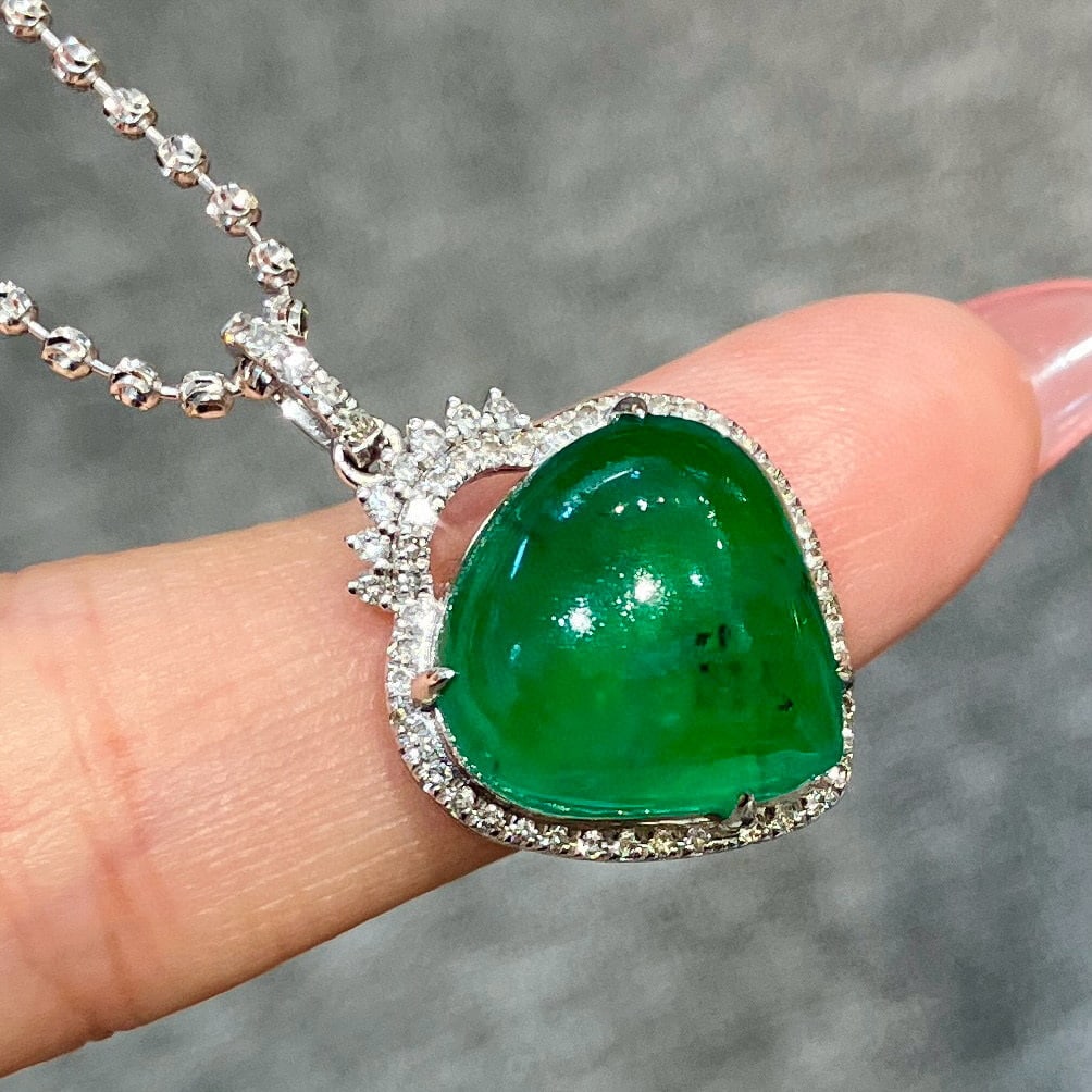 14k Gold 9.3 Ct Natural Emerald & Diamond Pendant( Without Chain ) - 7