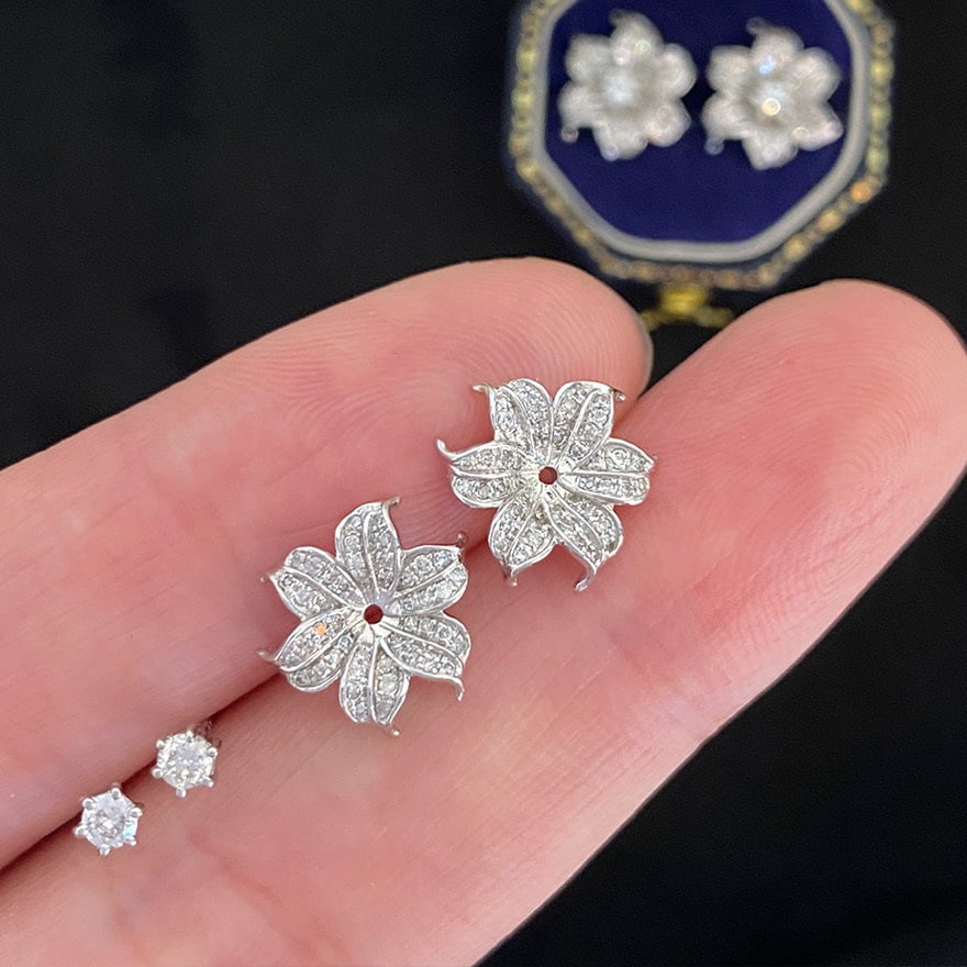 14k Gold 0.5 Ct Natural H Diamond & Flowers Earrings - 7