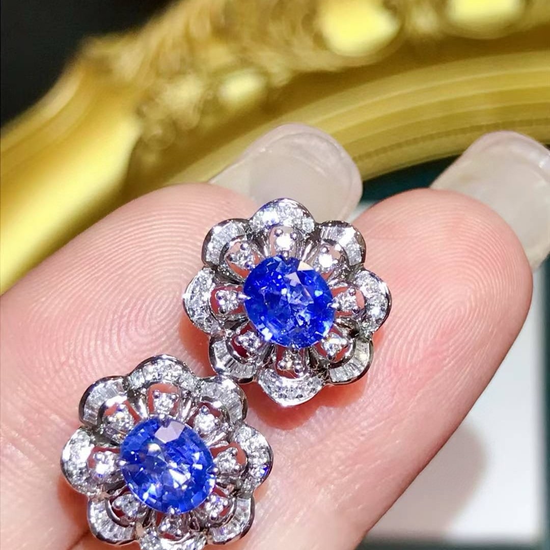 14k Gold 2.05 Ctw Natural Sapphire & Diamond Earrings - 4