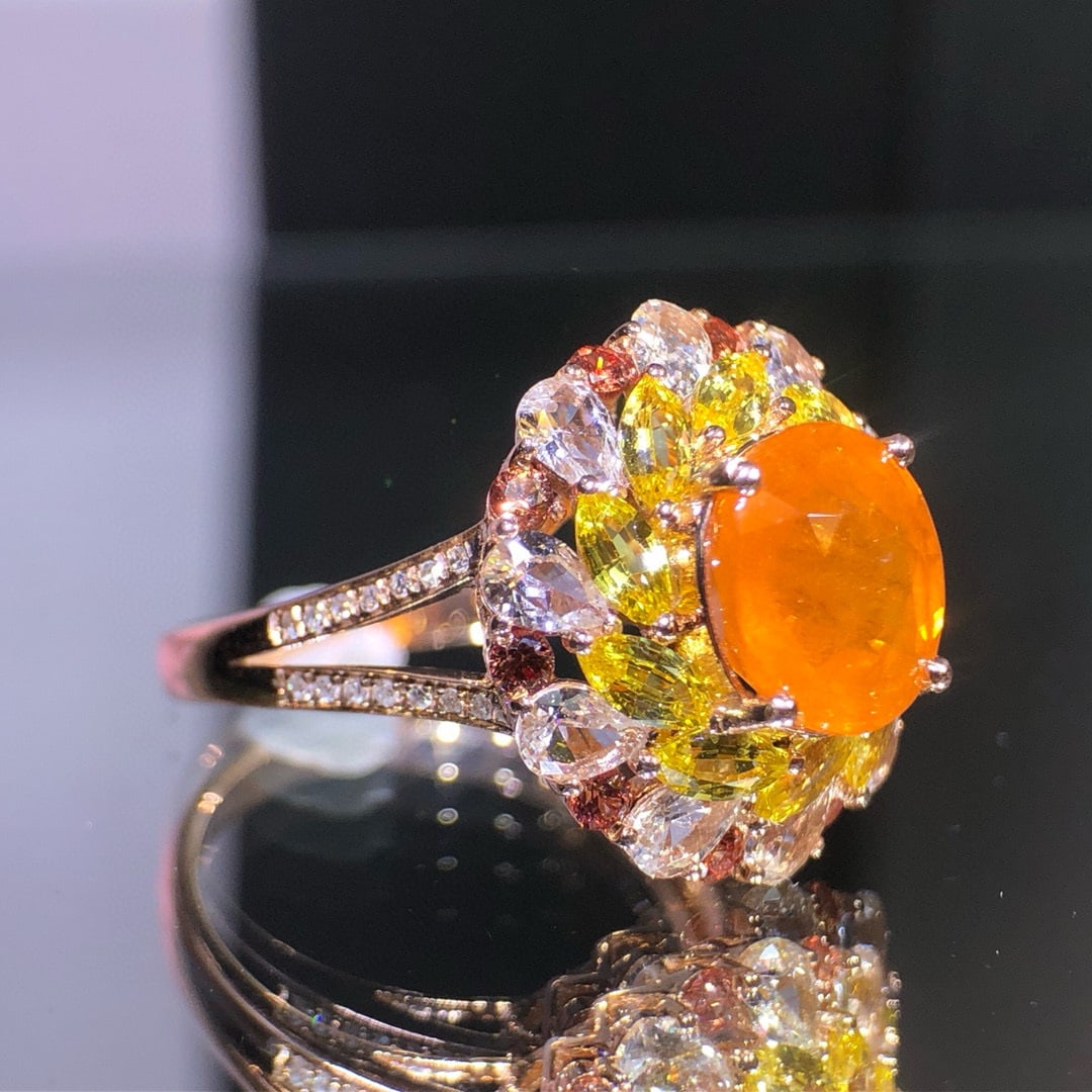 14k Gold 3.05 Ct Natural Spessartine & Diamond & Sapphire Ring - 2