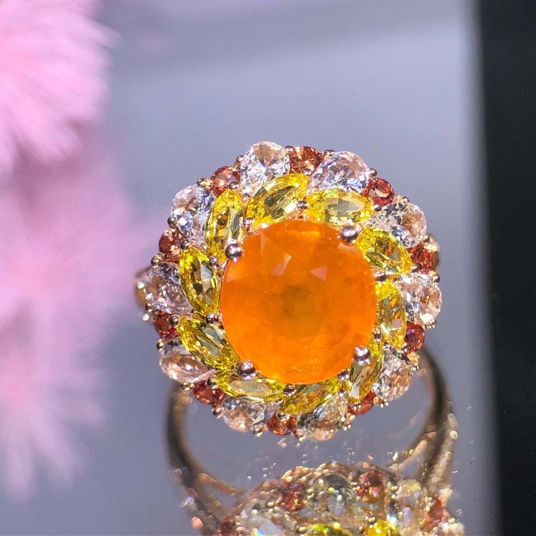 14k Gold 3.05 Ct Natural Spessartine & Diamond & Sapphire Ring - 5