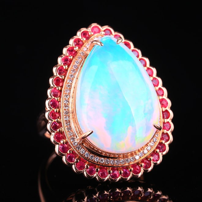14k Gold 10.62 Ctw Natural Opal & Diamond Ring - 2