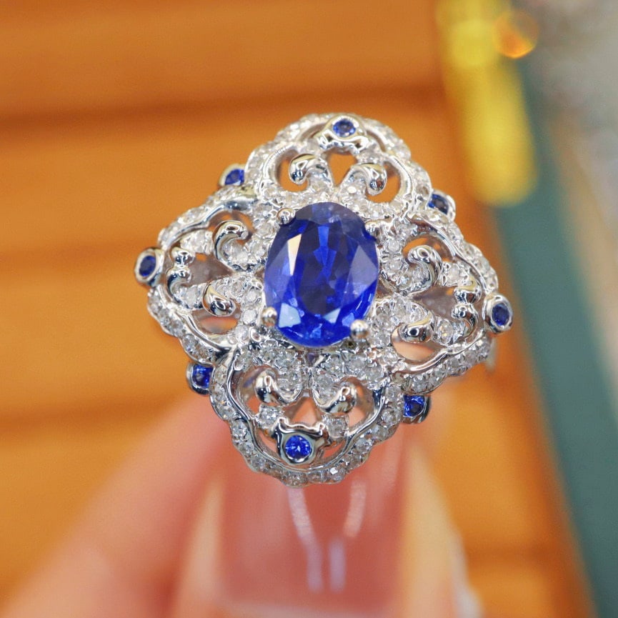 14k Gold 1.40 Ctw Natural Sapphire & Diamond Ring: Ref:231051025 // gold content:14k gold // ring size:7. 25us // // main gemstone:sapphire // shape:oval // carat weight:1. 12ct // color:royal blue // treatment:natural // // adjacent gemstone 2 :