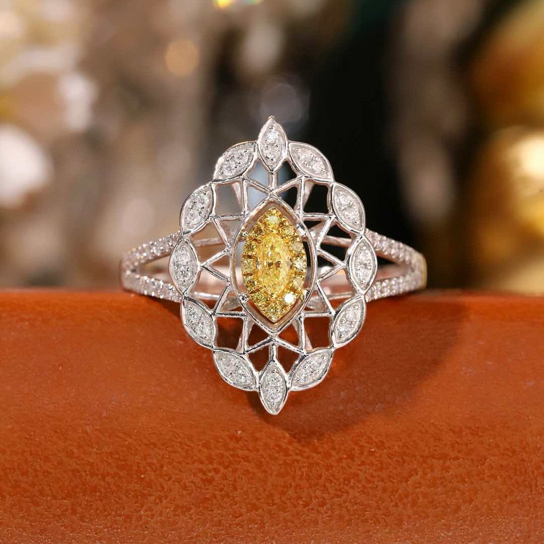 14k Gold 0.5 Ctw Natural Yellow Diamond & Diamond Ring: Ref:231051036 // gold content:14k gold // ring size:7. 25us // // main gemstone:yellow diamond // shape:marquise // carat weight:0. 1ct // color:yellow // treatment:natural // // adjacent gemstone 2