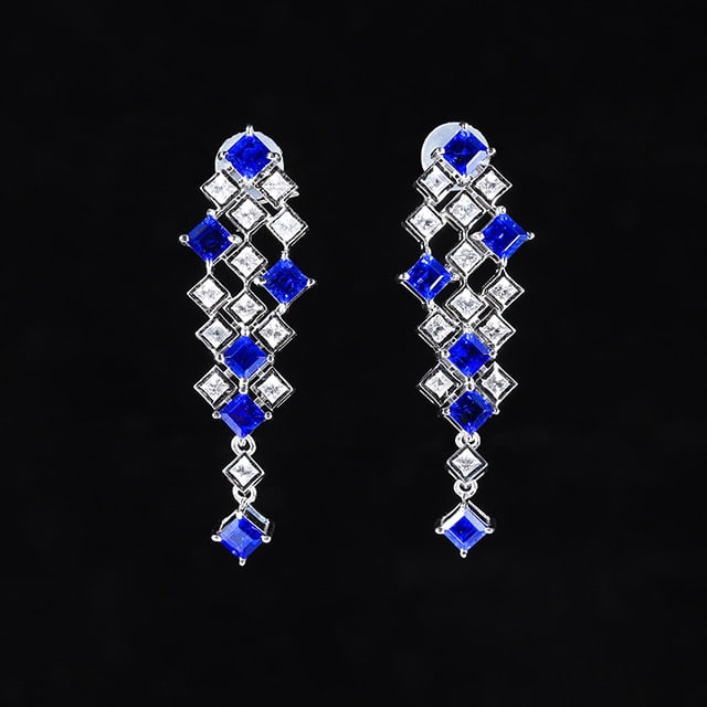14k Gold 3.37 Ctw Natural Sapphire & Sapphire Earrings: Ref:231051062 // gold content:14k gold // main gemstone:sapphire // shape:square // carat weight:2. 32ct // color:blue // treatment:natural // // adjacent gemstone 2 : sapphire // number of stones:24 