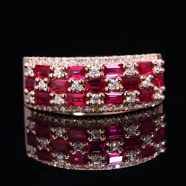 14k Gold 0.99 Ctw Natural Ruby & Diamond Ring: Ref:231051065 // gold content:14k gold // ring size:7. 25us // // main gemstone:ruby // shape:rectangle // carat weight:0. 74ct // color:red // treatment:natural // // adjacent gemstone 2 : diamond