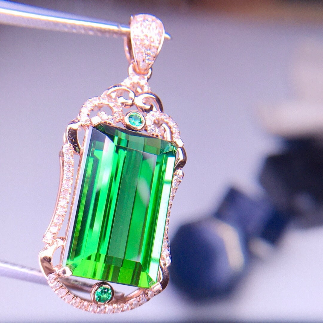 14k Gold 8.5 Ct Natural Tourmaline & Diamond Pendant( Without Chain ) - 5