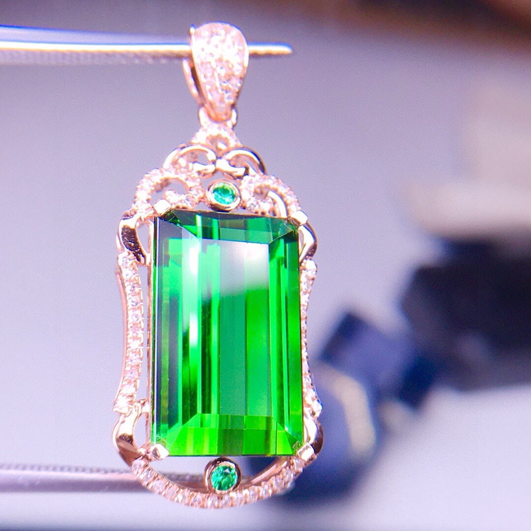 14k Gold 8.5 Ct Natural Tourmaline & Diamond Pendant( Without Chain ) - 6