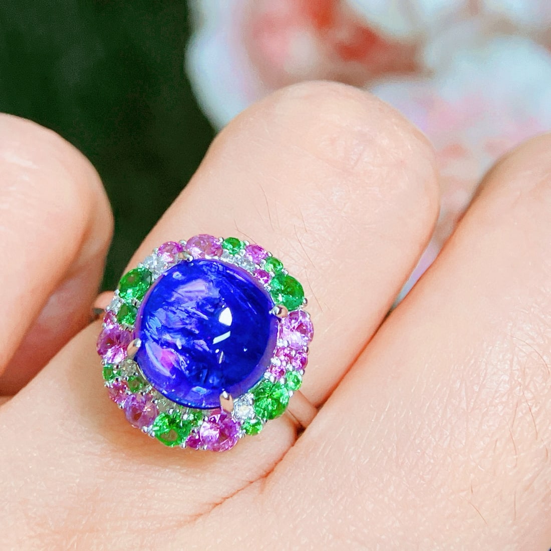 14k Gold 8.66 Ctw Natural Tanzanite & Tsavorite & Sapphire & Diamond Ring - 6