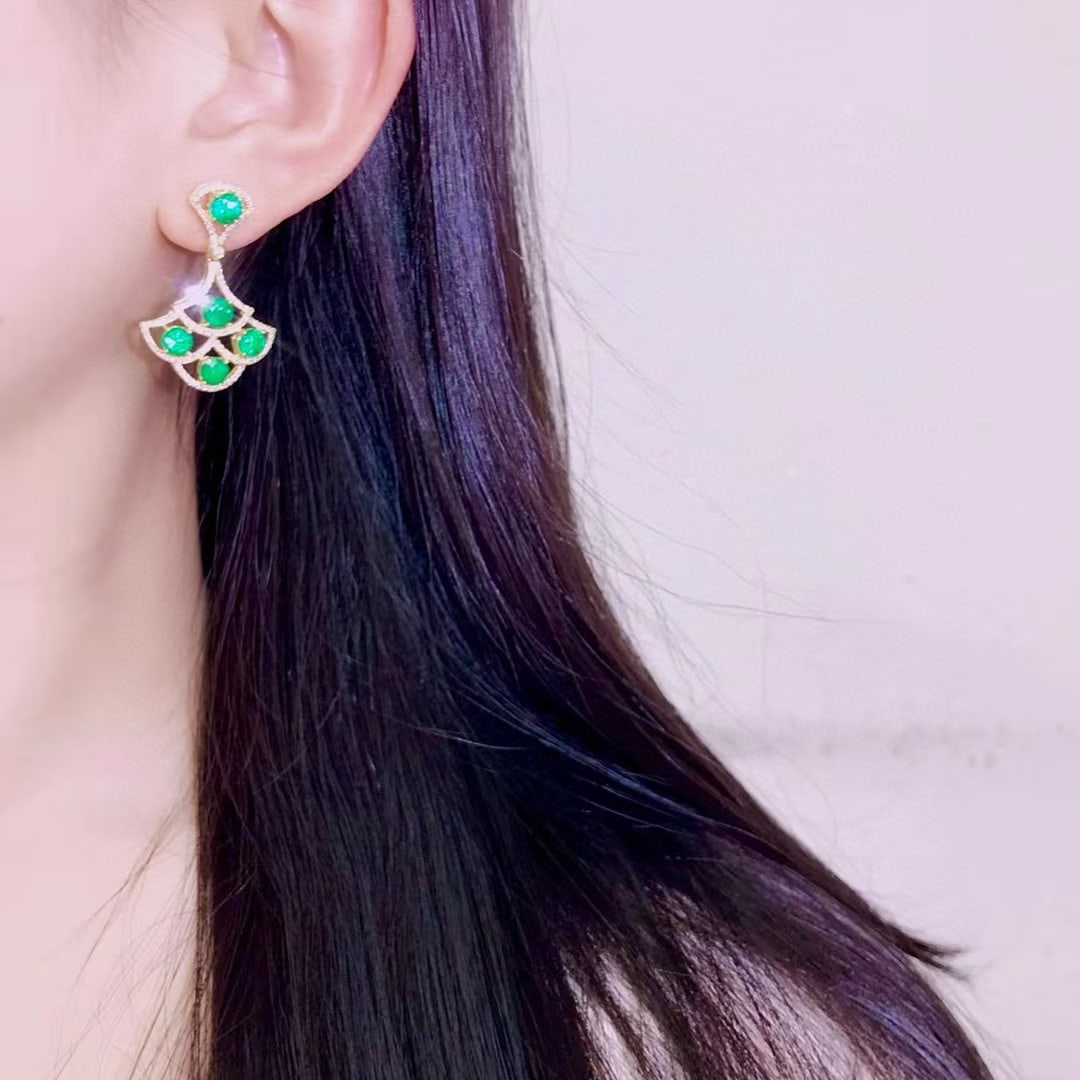 14k Gold 4.34 Ctw Vivid Green Natural Emerald & Diamond Earrings - 2