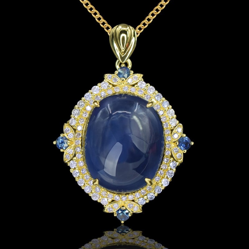 14k Gold 16.27 Ctw Natural Sapphire & Diamond Pendant( Without Chain ): Ref:231051100 // gold content:14k gold // main gemstone:sapphire // shape:oval // carat weight:15. 68ct // color:blue // treatment:natural // // adjacent gemstone 2 : diamond // shape:round // carat