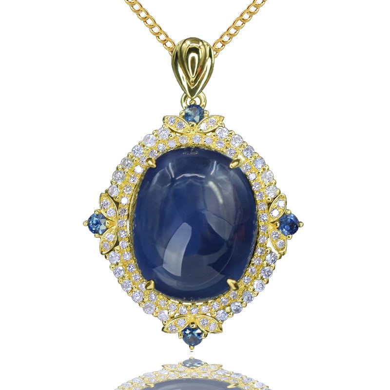 14k Gold 16.27 Ctw Natural Sapphire & Diamond Pendant( Without Chain ) - 2