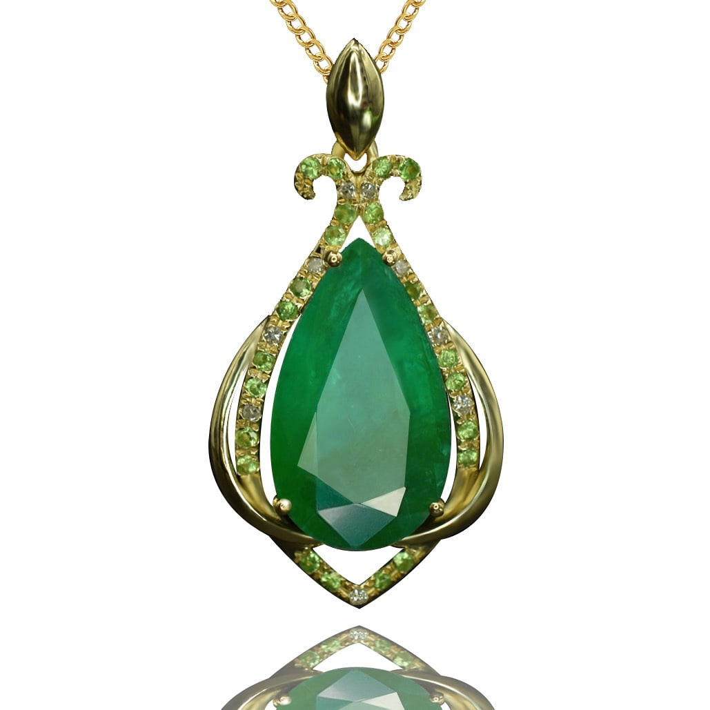 14k Gold 5.05 Ctw Natural Emerald & Diamond Pendant( Without Chain ) - 2