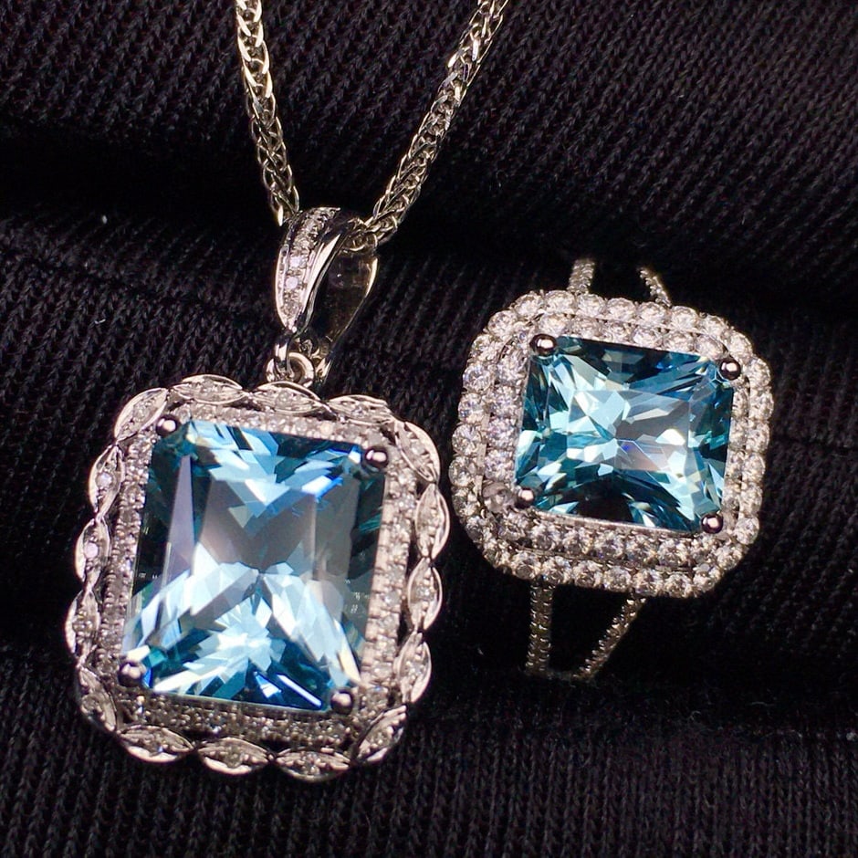 14k Gold 5.69 Ct Natural Aquamarine & Diamond Jewelry Set - 4