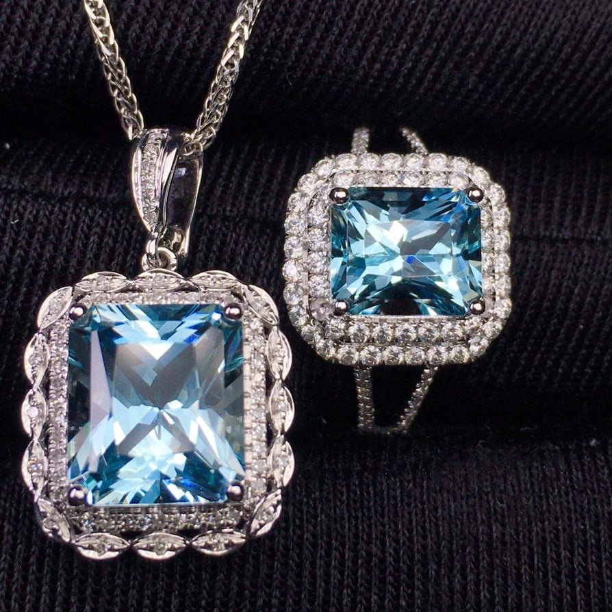 14k Gold 5.69 Ct Natural Aquamarine & Diamond Jewelry Set - 5