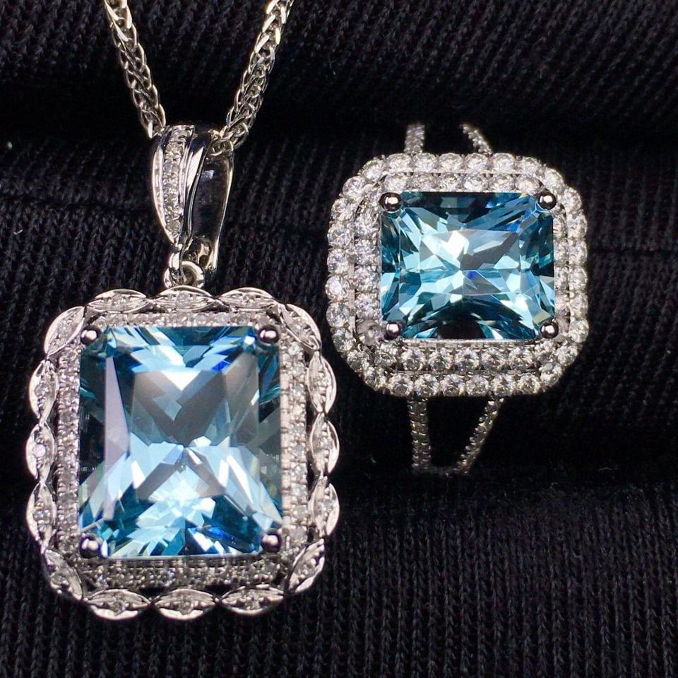 14k Gold 5.69 Ct Natural Aquamarine & Diamond Jewelry Set - 6