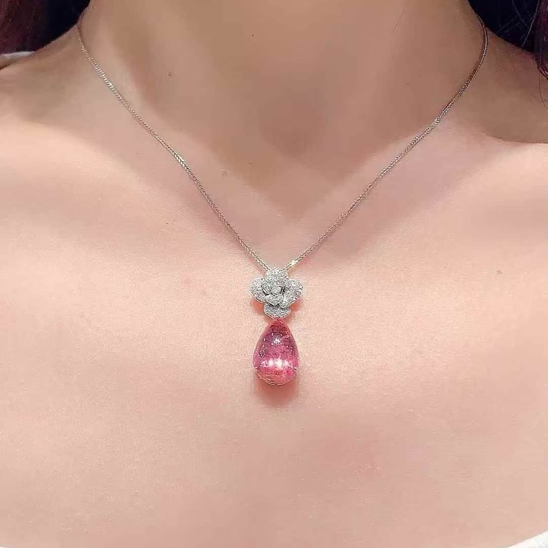 14k Gold 6.8 Ct Natural Tourmaline & Diamond Pendant( Without Chain ) - 2
